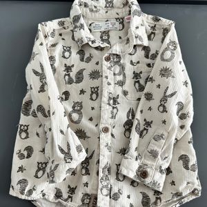 ZARA Baby Boy Collection 12-18 months Woodland Animals Button Up Shirt Fox Owl